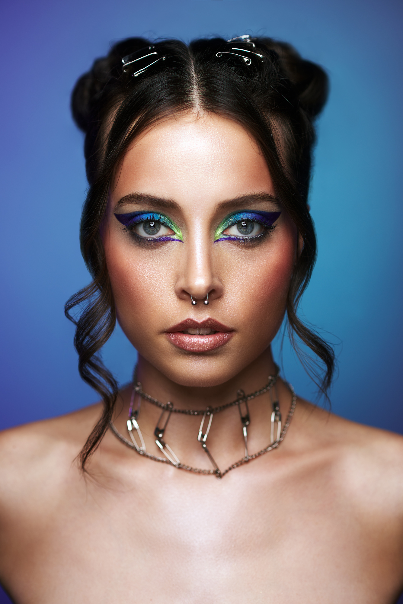 Creative make up with green and blue make-up shades